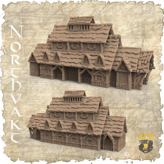 Detailed view of a 3D printed Norse LongHall, showcasing intricate design, medieval architecture, and a spacious interior ideal for RPG setups.