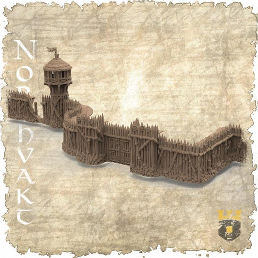 Detailed Viking fortress for tabletop games, featuring a watchtower, modular walls, and a gate, designed for historical and fantasy settings.