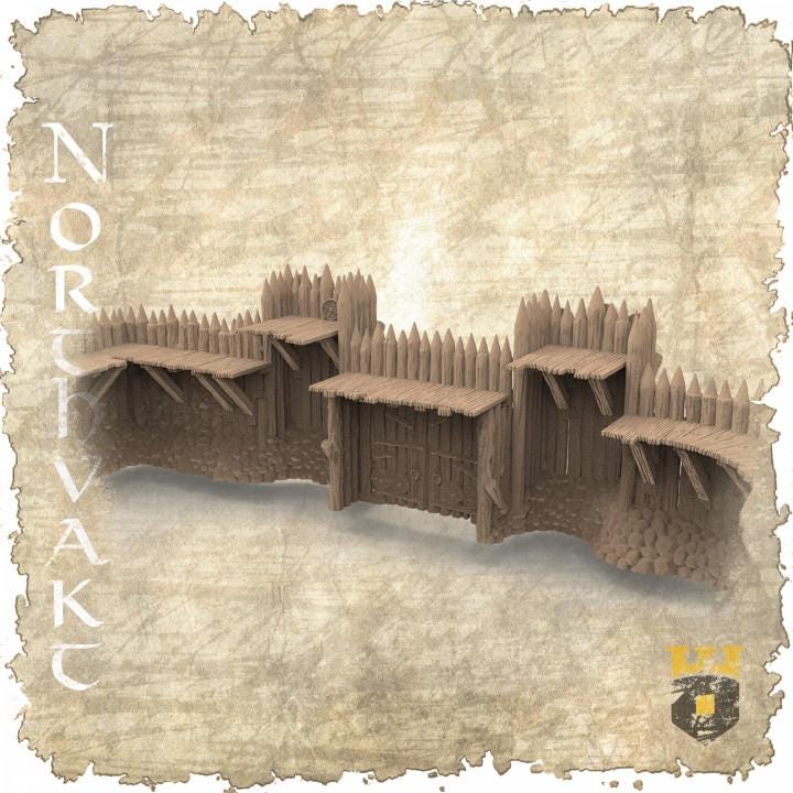 Detailed Viking fortress for tabletop games, featuring a watchtower, modular walls, and a gate, designed for historical and fantasy settings.