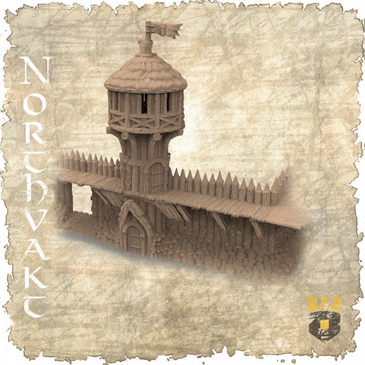 Detailed Viking fortress for tabletop games, featuring a watchtower, modular walls, and a gate, designed for historical and fantasy settings.