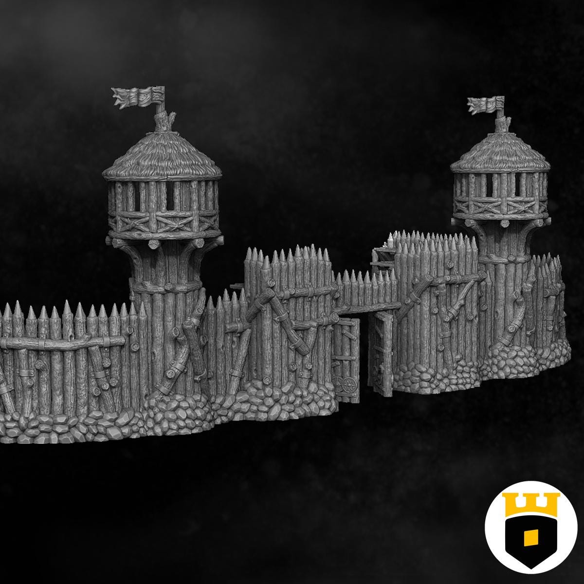 Detailed Viking fortress for tabletop games, featuring a watchtower, modular walls, and a gate, designed for historical and fantasy settings.