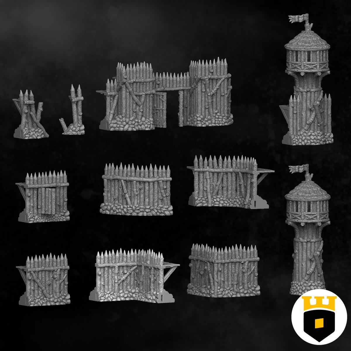 Detailed Viking fortress for tabletop games, featuring a watchtower, modular walls, and a gate, designed for historical and fantasy settings.