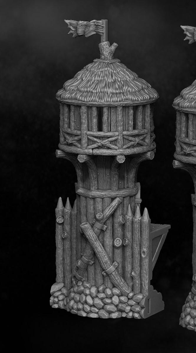 Detailed Viking fortress for tabletop games, featuring a watchtower, modular walls, and a gate, designed for historical and fantasy settings.