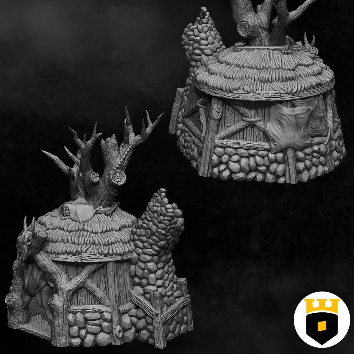 Detailed view of a Norse Shaman Hut model with a thatched roof and antler decorations, designed for use in fantasy and historical tabletop games.