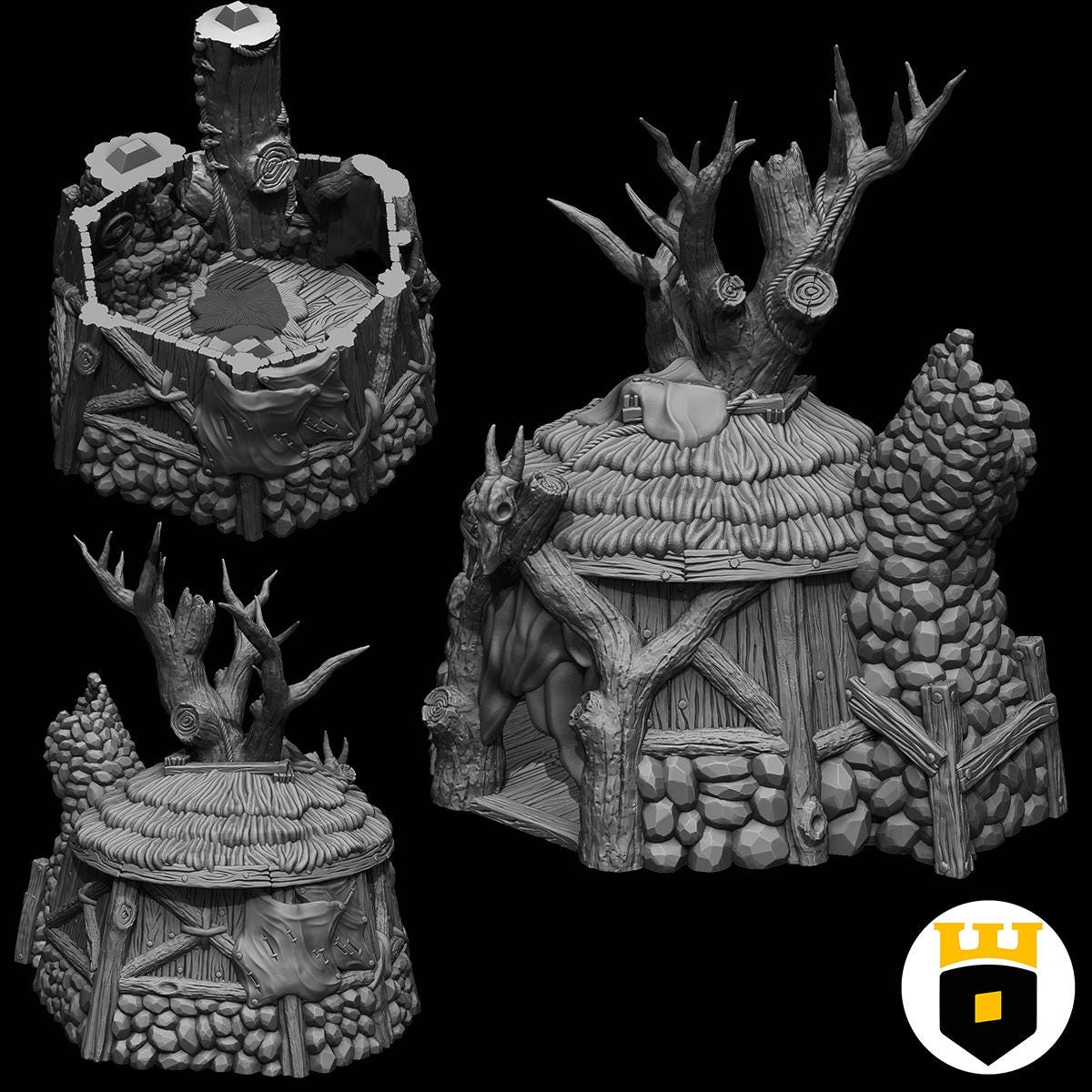 Detailed view of a Norse Shaman Hut model with a thatched roof and antler decorations, designed for use in fantasy and historical tabletop games.