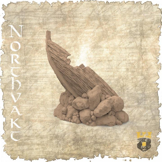 Detailed Viking shipwreck model, encased in rocky terrain with weathered wood details, ideal for enhancing maritime narratives in tabletop RPGs and wargames.