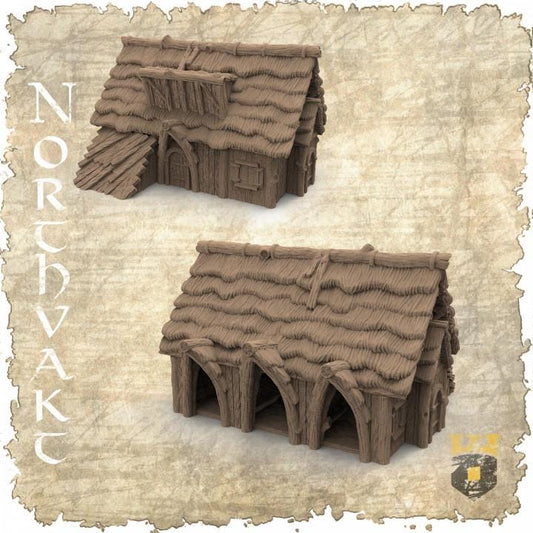 Detailed 3D printed Viking Era Stable, perfect for medieval dioramas and fantasy tabletop games, featuring historical Viking architecture with wooden beams and thatched roof.