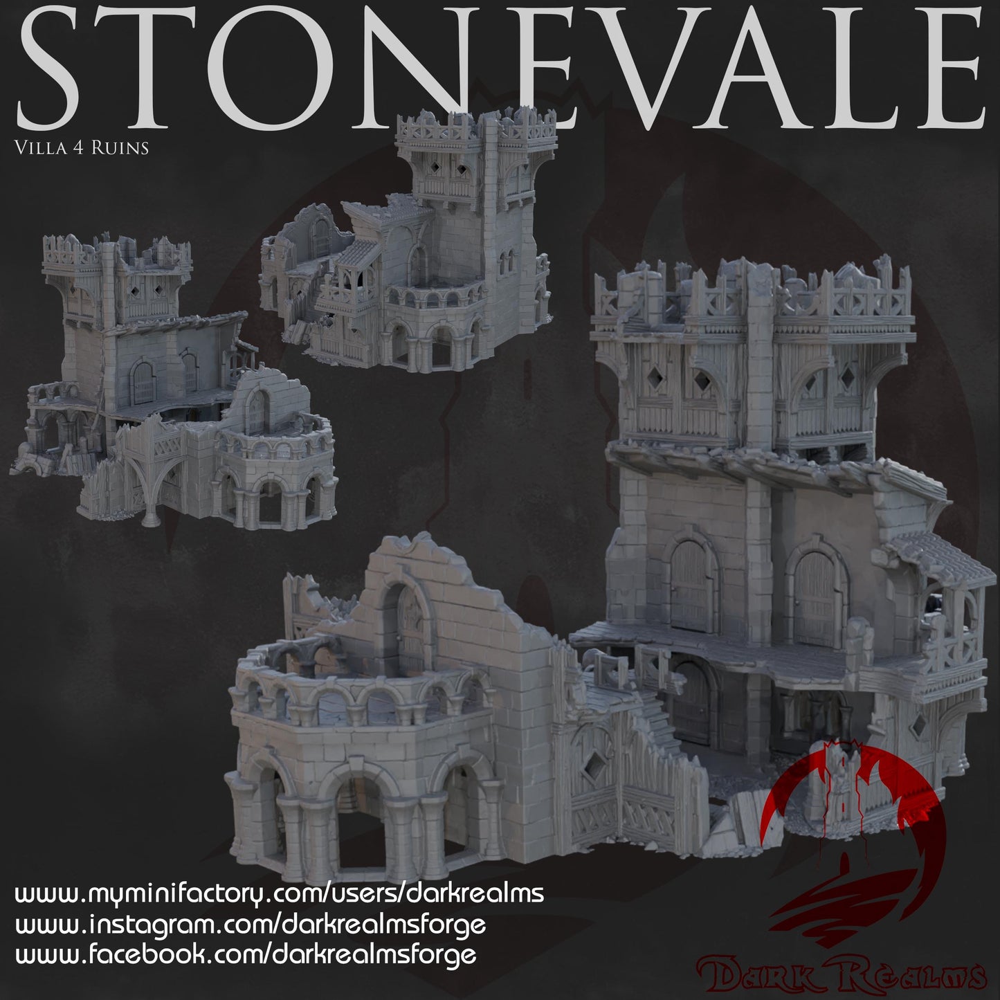 Explore the Stonevale Villa Ruins, featuring detailed medieval architecture with crumbling walls and gothic elements, perfect for tabletop RPGs and historical dioramas.