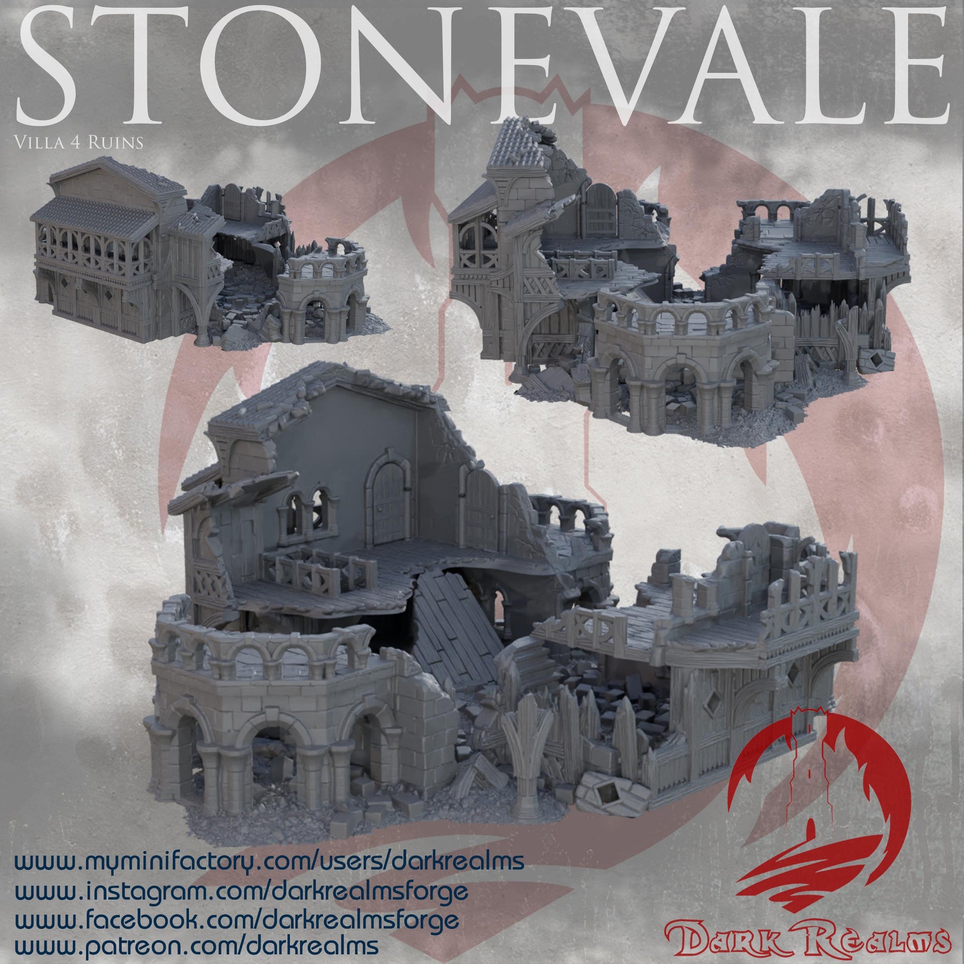 Explore the Stonevale Villa Ruins, featuring detailed medieval architecture with crumbling walls and gothic elements, perfect for tabletop RPGs and historical dioramas.