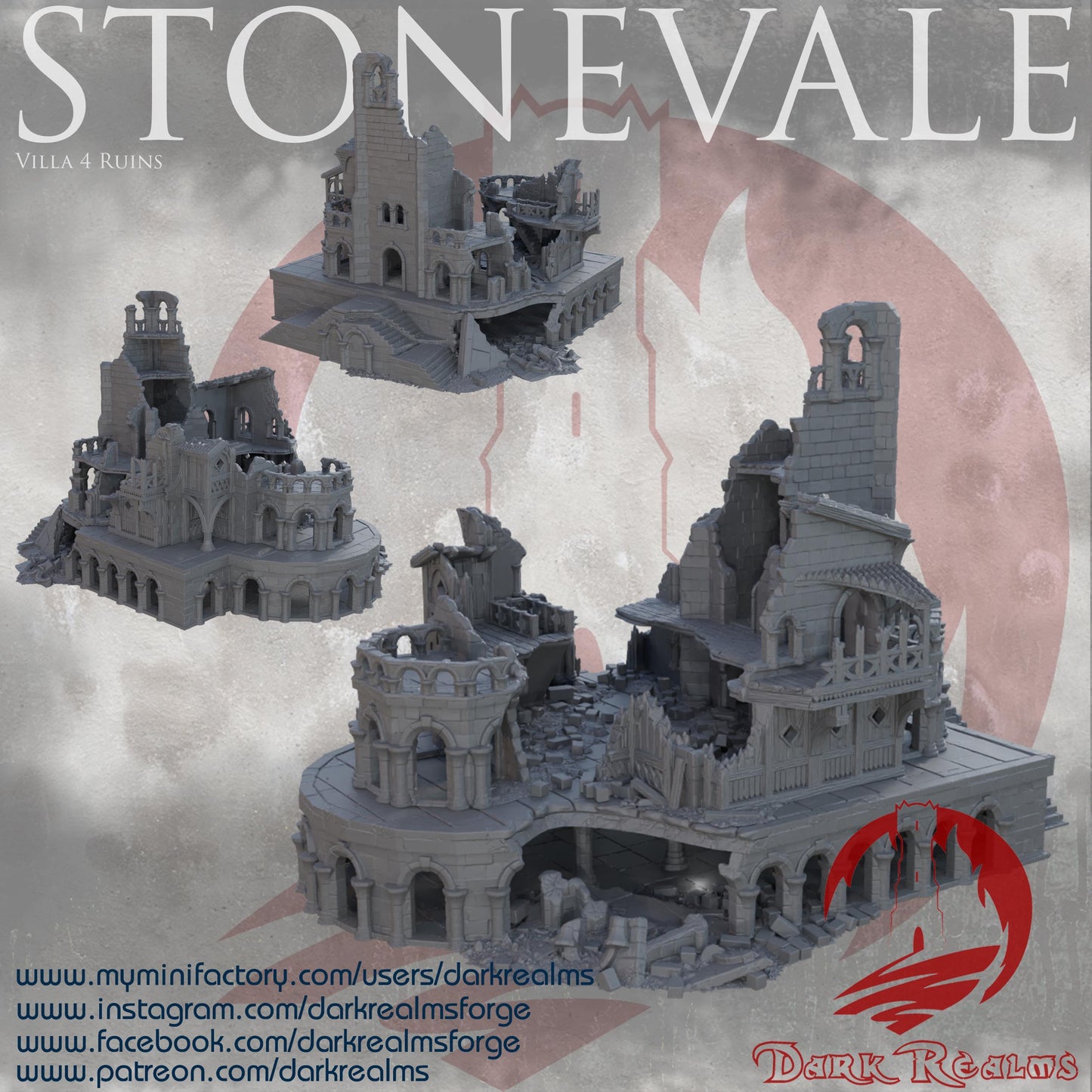 Explore the Stonevale Villa Ruins, featuring detailed medieval architecture with crumbling walls and gothic elements, perfect for tabletop RPGs and historical dioramas.