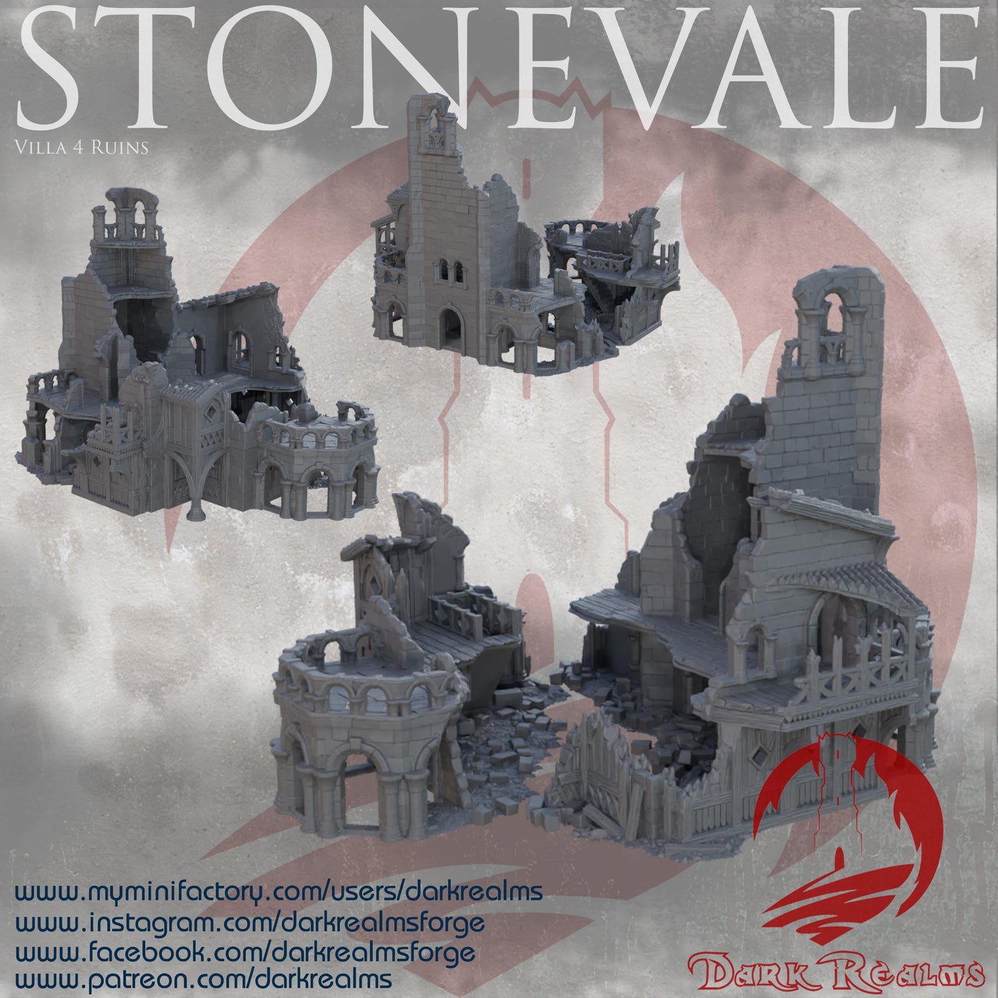 Explore the Stonevale Villa Ruins, featuring detailed medieval architecture with crumbling walls and gothic elements, perfect for tabletop RPGs and historical dioramas.