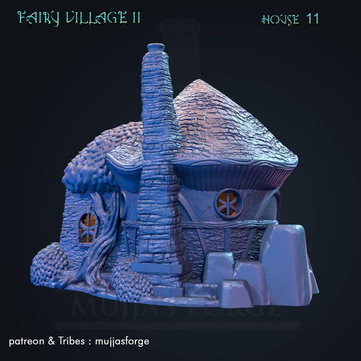 An intricately designed fairy-tale cottage with rounded thatch roof, stone chimney, and wood-like textures. Ideal for use in fantasy tabletop RPGs and dioramas.