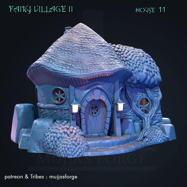 An intricately designed fairy-tale cottage with rounded thatch roof, stone chimney, and wood-like textures. Ideal for use in fantasy tabletop RPGs and dioramas.