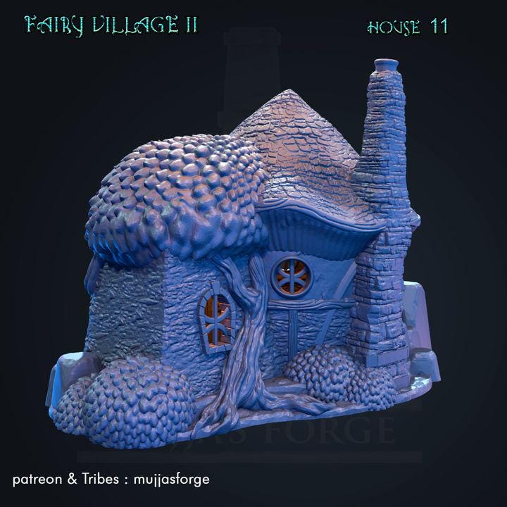 An intricately designed fairy-tale cottage with rounded thatch roof, stone chimney, and wood-like textures. Ideal for use in fantasy tabletop RPGs and dioramas.