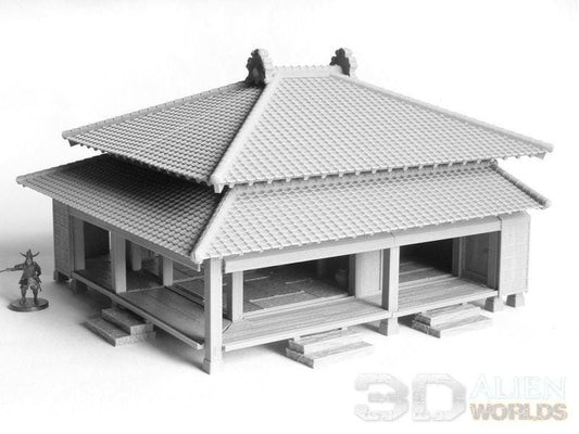 A detailed 3D-printed model of a Samurai Lord’s Residence, featuring sloped tiled roofs, wooden paneling, elevated floors, and multiple Shoji doors. Perfect for historical and fantasy tabletop games, adding an authentic Japanese