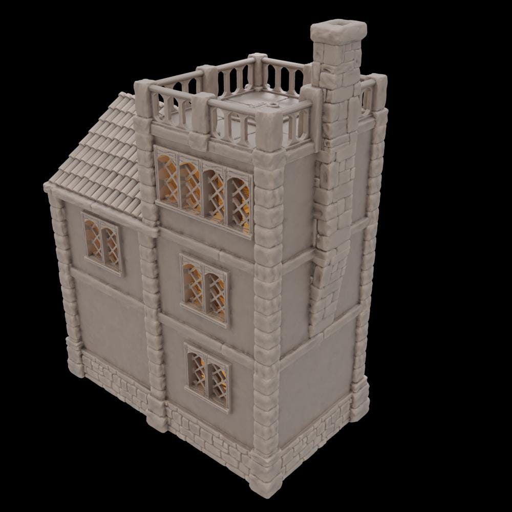 A highly detailed medieval townhouse for tabletop RPGs, featuring three modular levels, a chimney, balconies, lattice windows, and a stone foundation. Each floor is accessible for immersive gameplay.