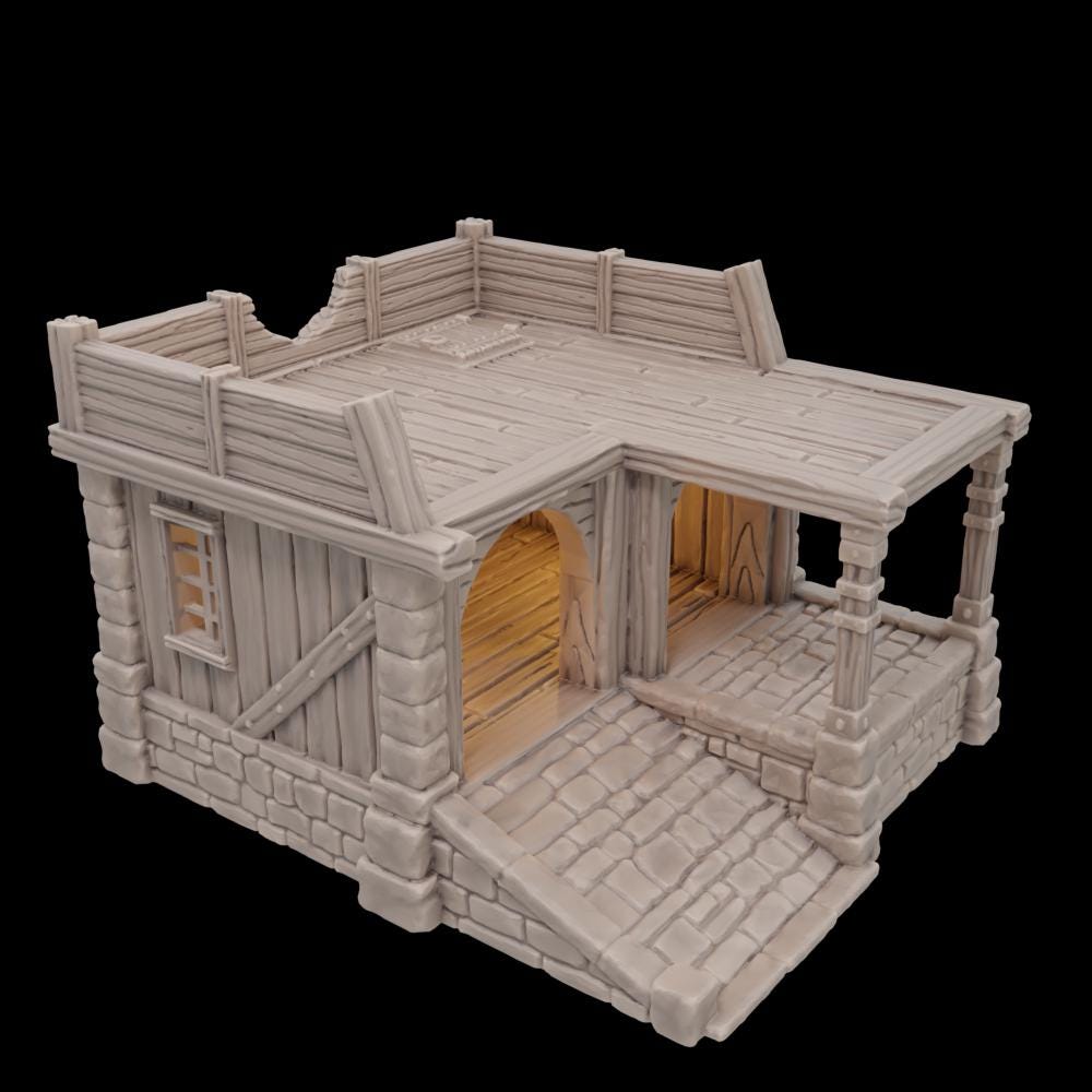 A detailed 3D printed Small Storage Shed featuring a stone foundation, wooden beams, and arched doorways, perfect for medieval and fantasy tabletop settings. The roof is removable, revealing an open interior, ideal for immersive gaming sessions.