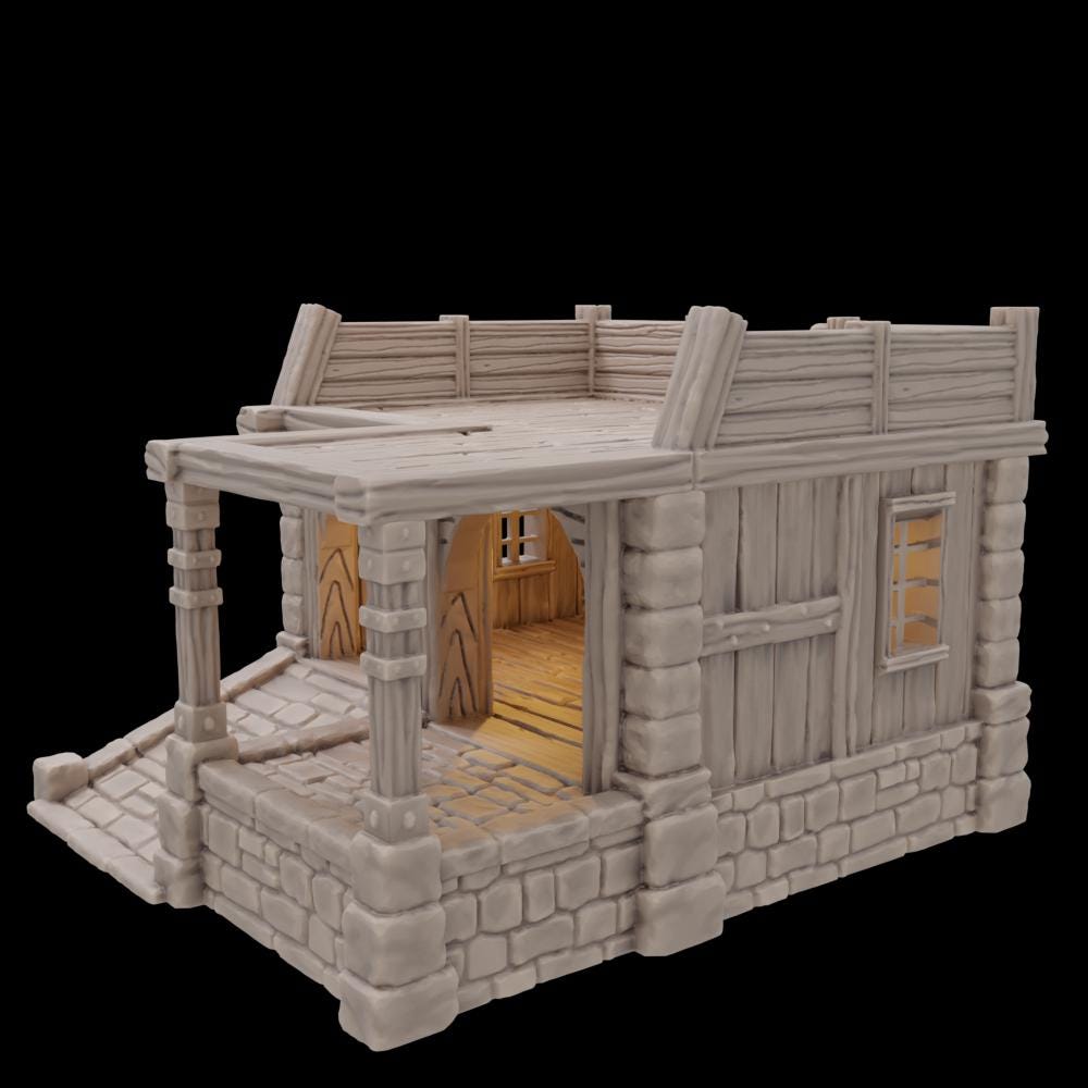 A detailed 3D printed Small Storage Shed featuring a stone foundation, wooden beams, and arched doorways, perfect for medieval and fantasy tabletop settings. The roof is removable, revealing an open interior, ideal for immersive gaming sessions.