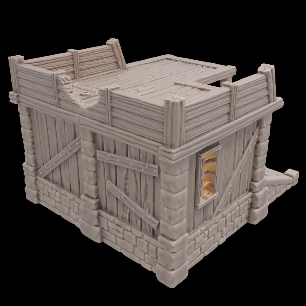 A detailed 3D printed Small Storage Shed featuring a stone foundation, wooden beams, and arched doorways, perfect for medieval and fantasy tabletop settings. The roof is removable, revealing an open interior, ideal for immersive gaming sessions.