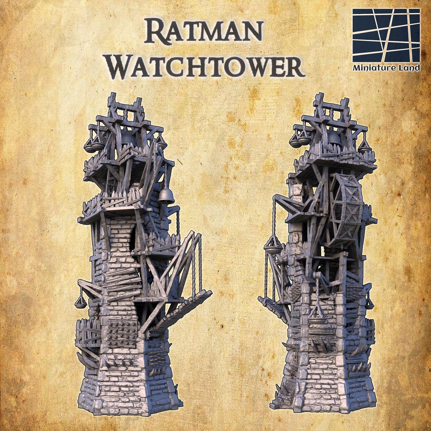 Discover the Ratman Watchtower, a medieval fantasy defense tower with multiple levels and intricate details, perfect for enhancing your tabletop RPG and wargame experiences.