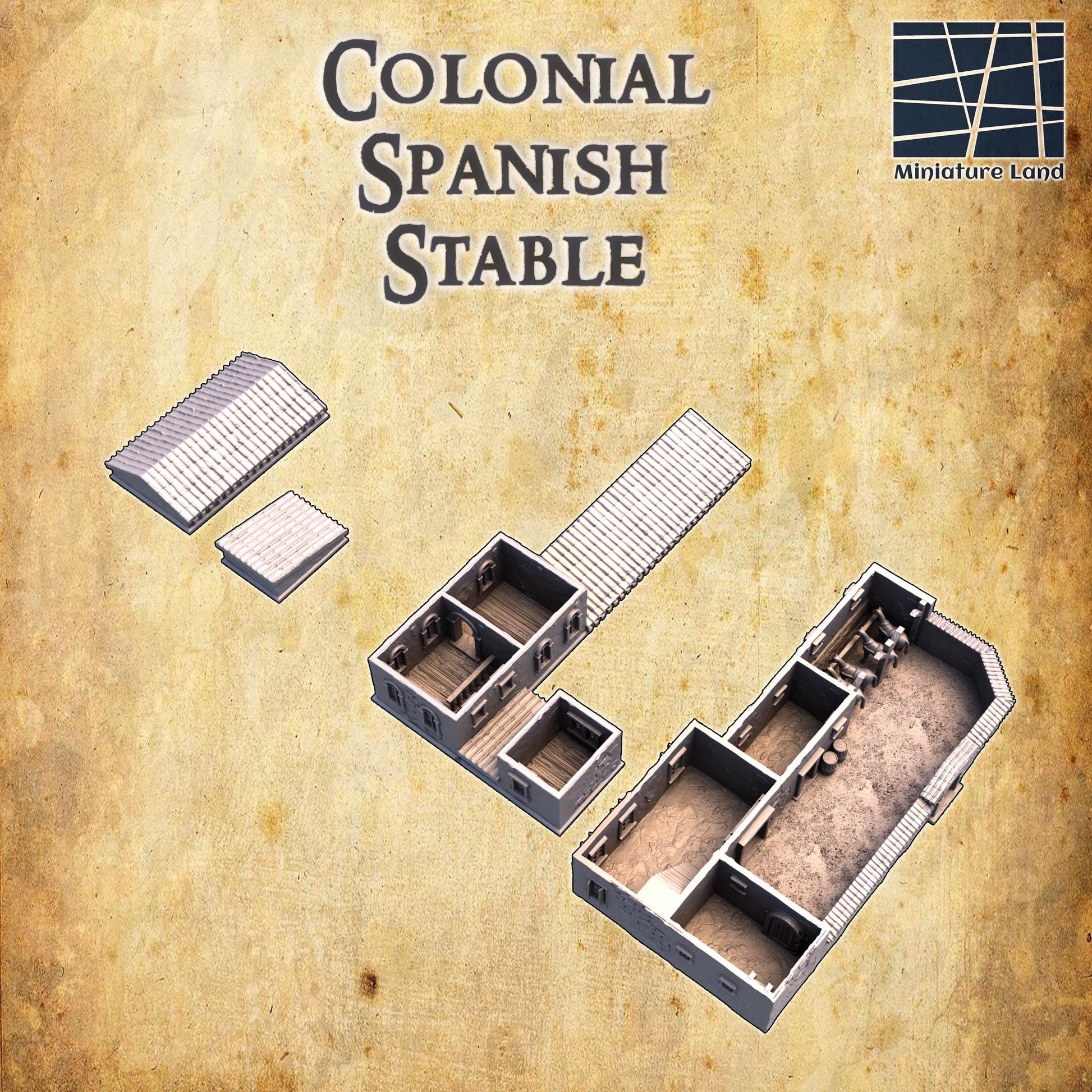 This Colonial Spanish Stable model showcases detailed architecture with a functional design from the 17th-18th century, perfect for historical RPGs and dioramas.