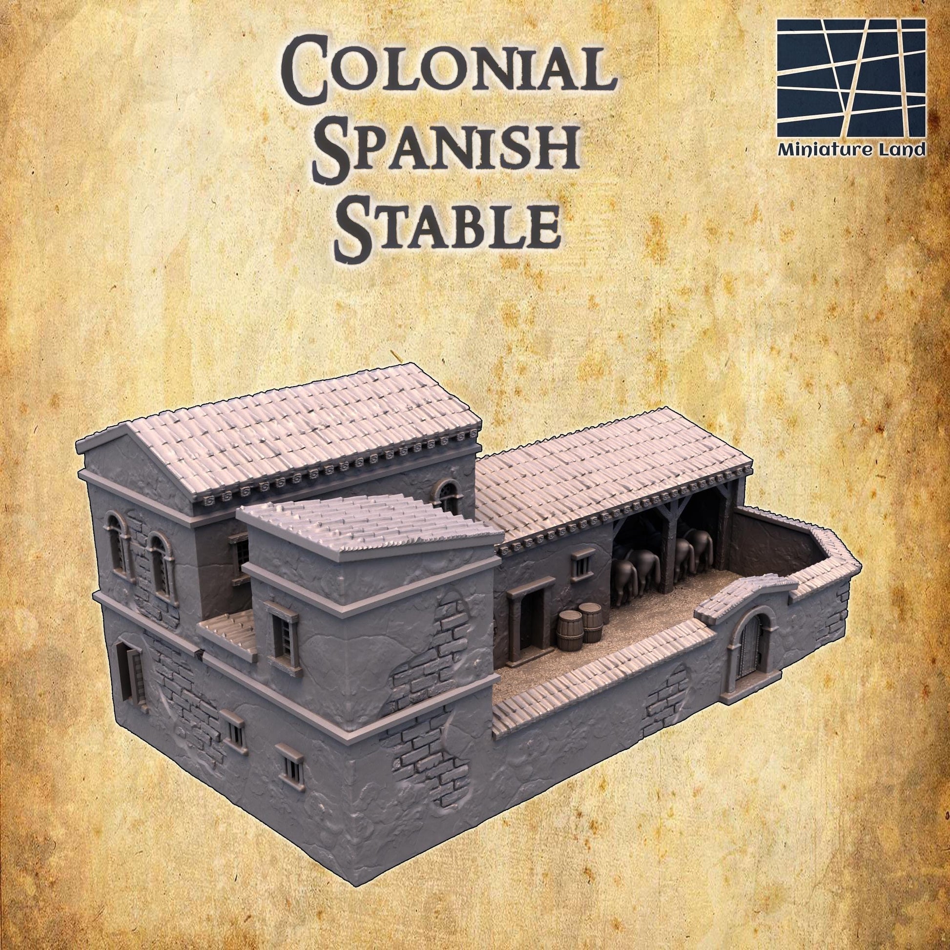 This Colonial Spanish Stable model showcases detailed architecture with a functional design from the 17th-18th century, perfect for historical RPGs and dioramas.