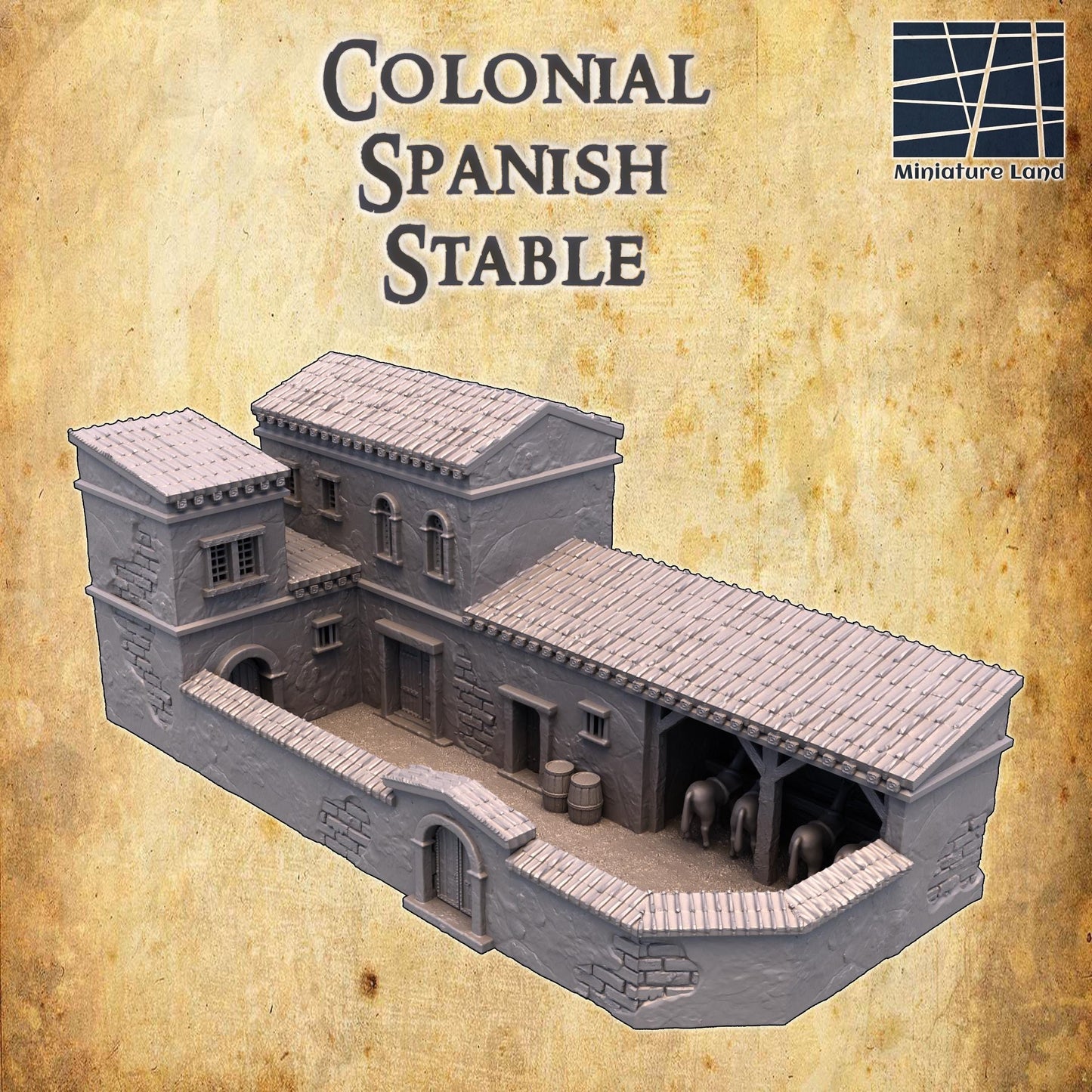 This Colonial Spanish Stable model showcases detailed architecture with a functional design from the 17th-18th century, perfect for historical RPGs and dioramas.