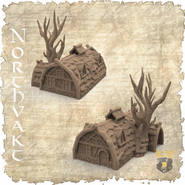 Detailed view of a Viking Common House model with a unique tree design, showcasing medieval architecture and spacious interior for tabletop gaming.