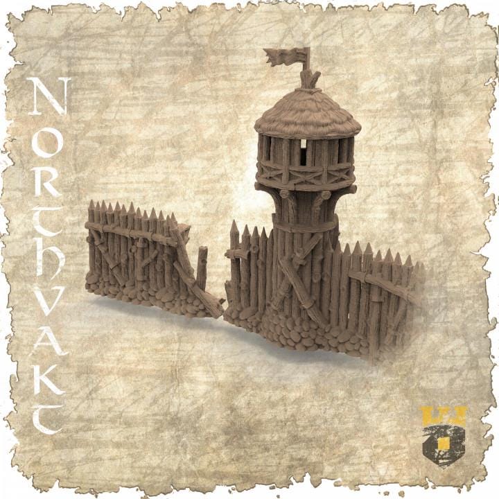 Detailed Viking fortress for tabletop games, featuring a watchtower, modular walls, and a gate, designed for historical and fantasy settings.