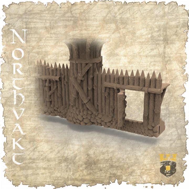 Detailed Viking fortress for tabletop games, featuring a watchtower, modular walls, and a gate, designed for historical and fantasy settings.