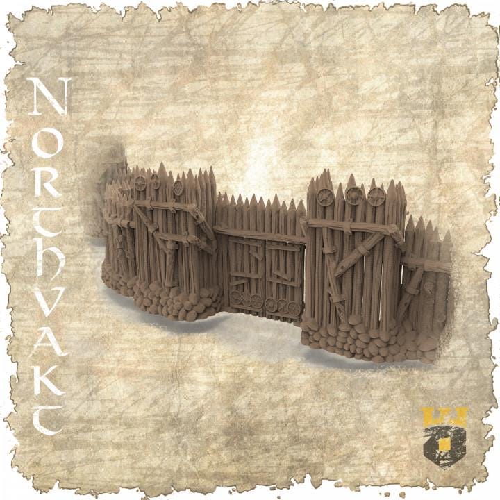 Detailed Viking fortress for tabletop games, featuring a watchtower, modular walls, and a gate, designed for historical and fantasy settings.