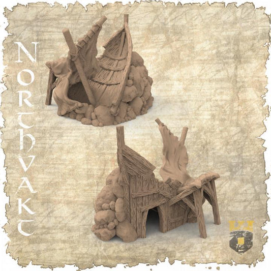 Detailed model of a Viking ship transformed into a dwelling, complete with rugged textures and historical details, ideal for adding depth to RPGs and historical dioramas.