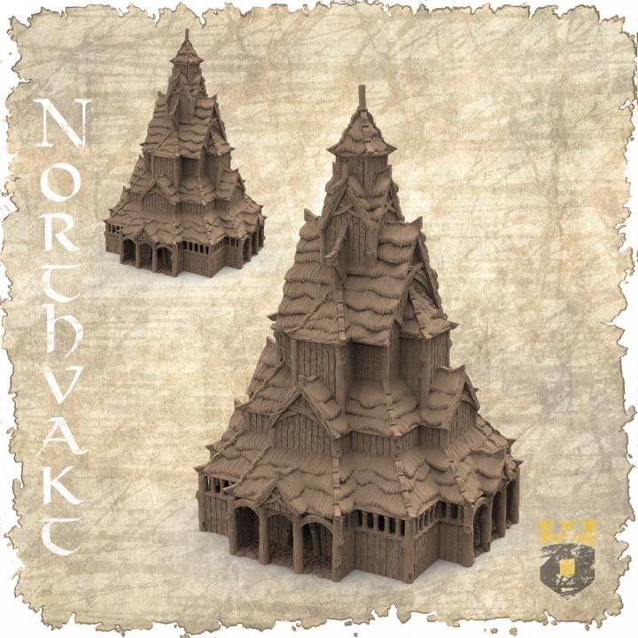 Detailed model of a medieval Norse Stave Church with intricate wooden architecture and stone foundations, ideal for historical dioramas and RPG settings.