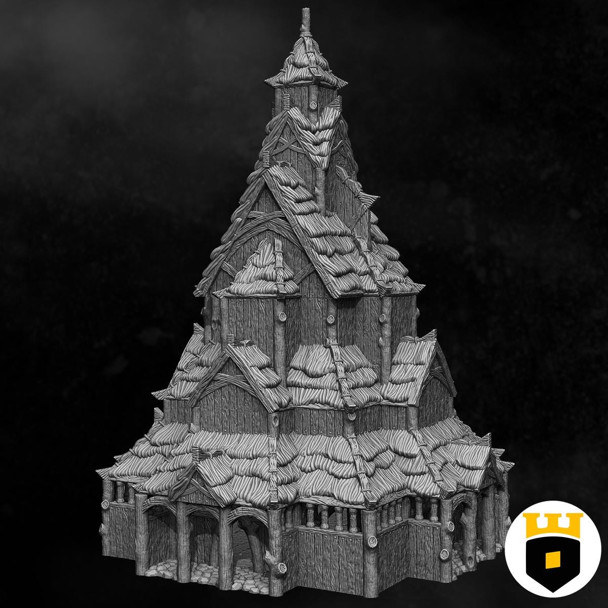 Detailed model of a medieval Norse Stave Church with intricate wooden architecture and stone foundations, ideal for historical dioramas and RPG settings.