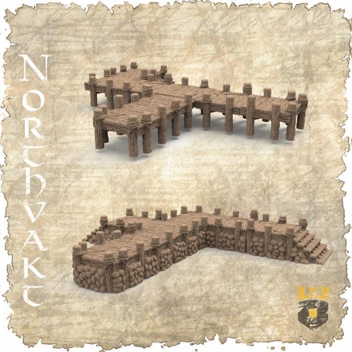 Two styles of medieval docks available in stone and wood designs, each intricately detailed to enhance any RPG or diorama setting, reflecting true medieval craftsmanship.