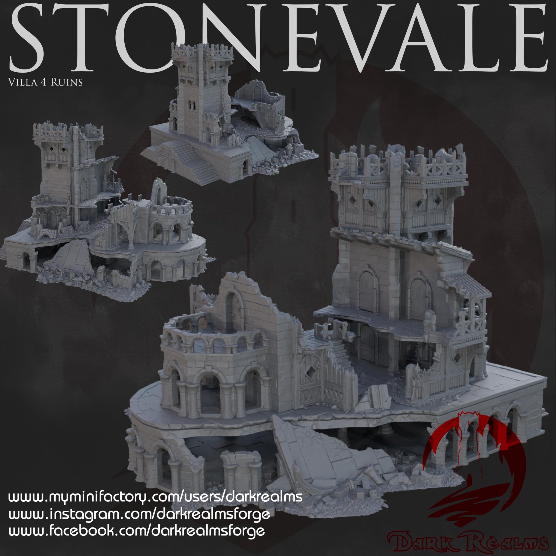 Explore the Stonevale Villa Ruins, featuring detailed medieval architecture with crumbling walls and gothic elements, perfect for tabletop RPGs and historical dioramas.