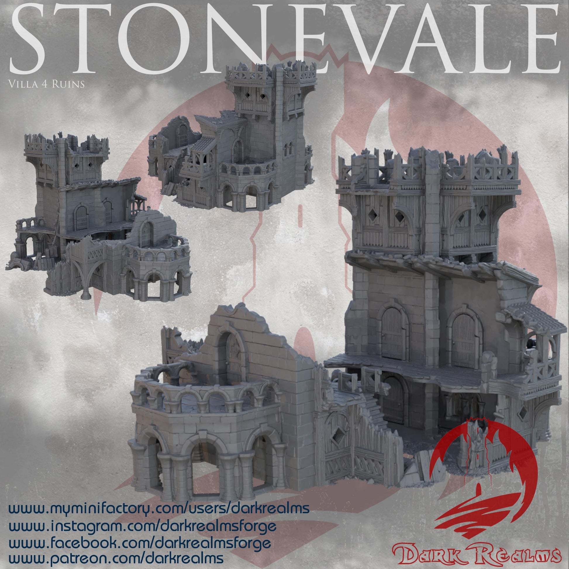 Explore the Stonevale Villa Ruins, featuring detailed medieval architecture with crumbling walls and gothic elements, perfect for tabletop RPGs and historical dioramas.