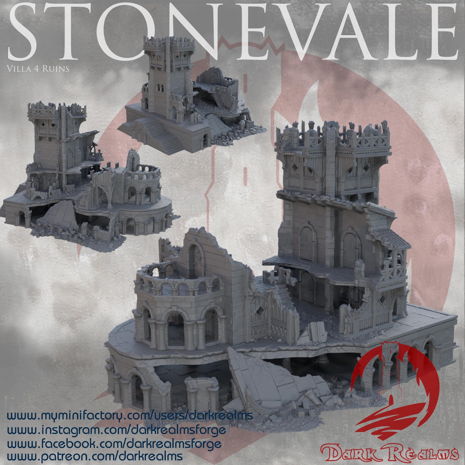 Explore the Stonevale Villa Ruins, featuring detailed medieval architecture with crumbling walls and gothic elements, perfect for tabletop RPGs and historical dioramas.