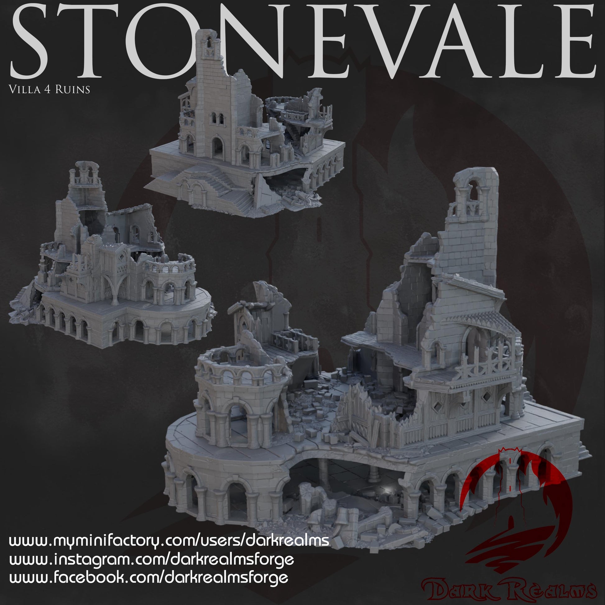 Explore the Stonevale Villa Ruins, featuring detailed medieval architecture with crumbling walls and gothic elements, perfect for tabletop RPGs and historical dioramas.