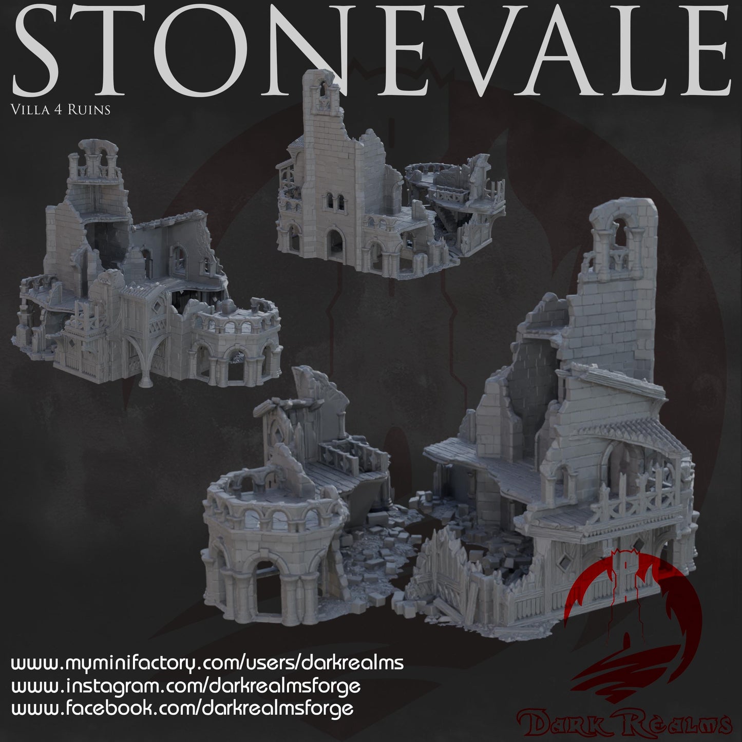 Explore the Stonevale Villa Ruins, featuring detailed medieval architecture with crumbling walls and gothic elements, perfect for tabletop RPGs and historical dioramas.