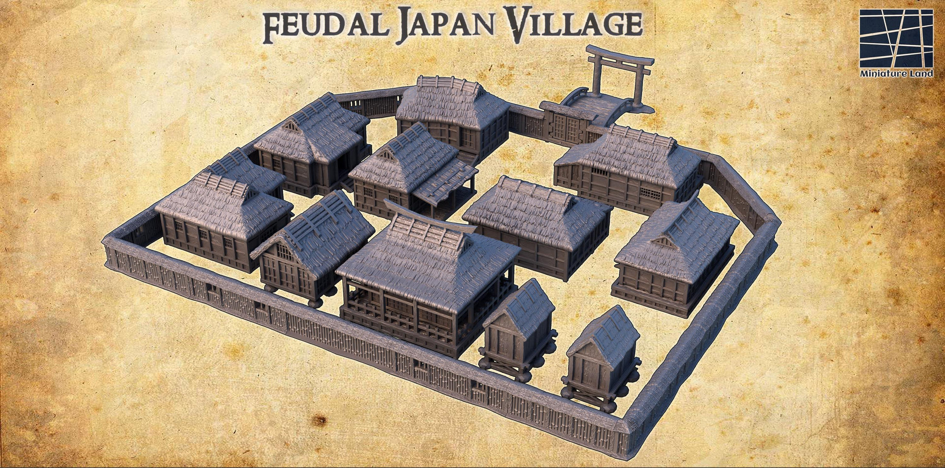 Explore the detailed craftsmanship of our Feudal Japan Village set, featuring traditional Sengoku era structures perfect for historical RPGs and dioramas.