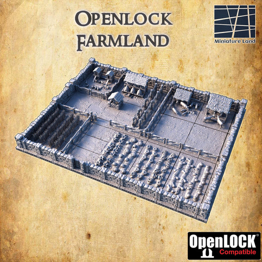 Explore our OpenLOCK Farmland set with detailed farmhouses, fences, and fields, all designed to bring your tabletop games to life with realistic medieval farming scenery.