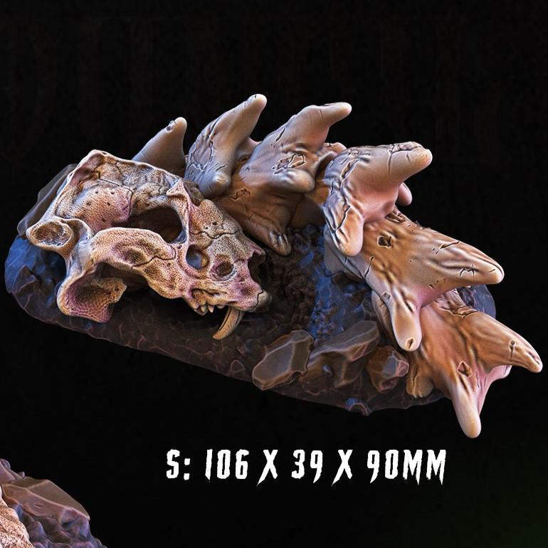 A collection of five monstrous bone terrain pieces, each uniquely crafted with high detail, ideal for dark-themed tabletop RPGs and storytelling enhancement.