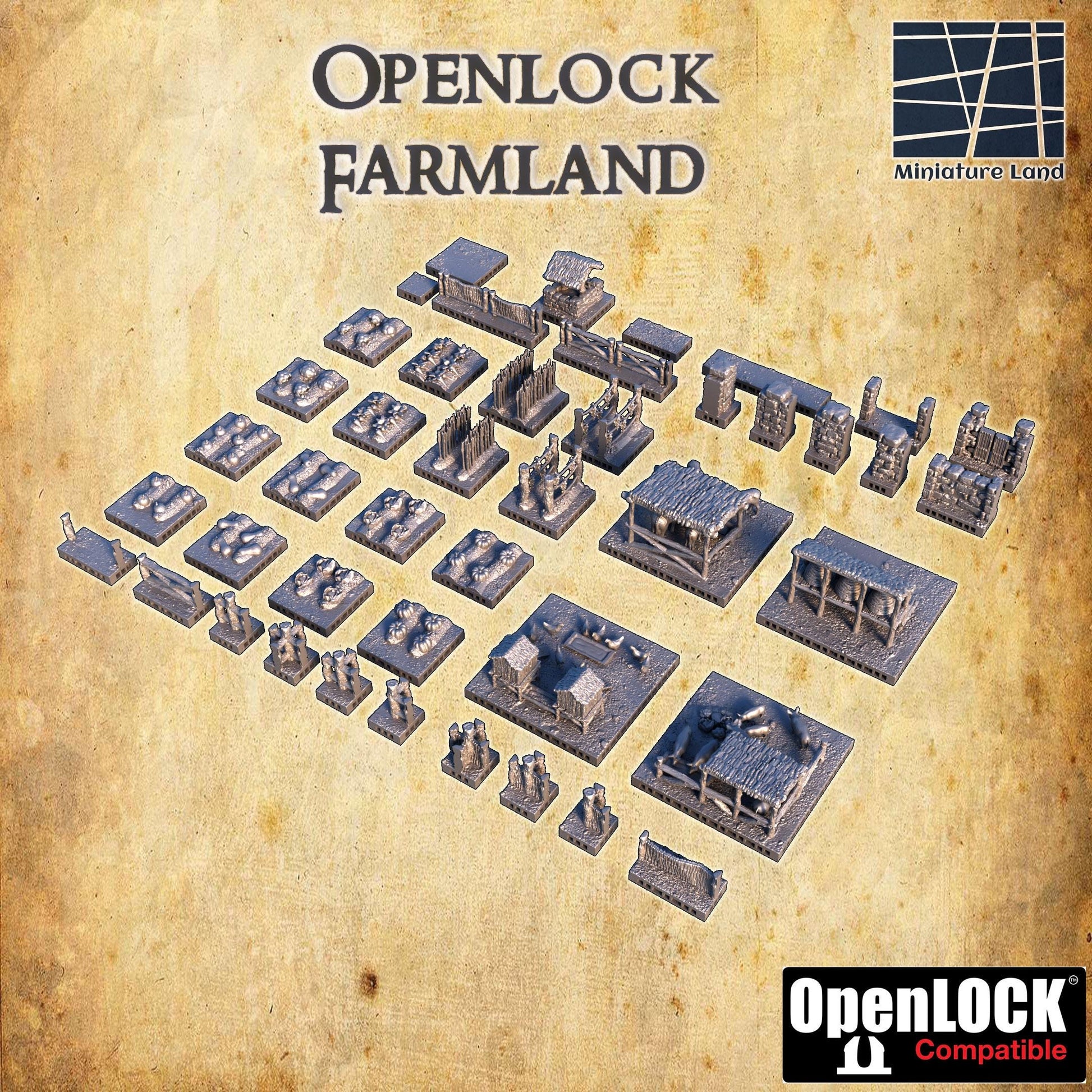 Explore our OpenLOCK Farmland set with detailed farmhouses, fences, and fields, all designed to bring your tabletop games to life with realistic medieval farming scenery.