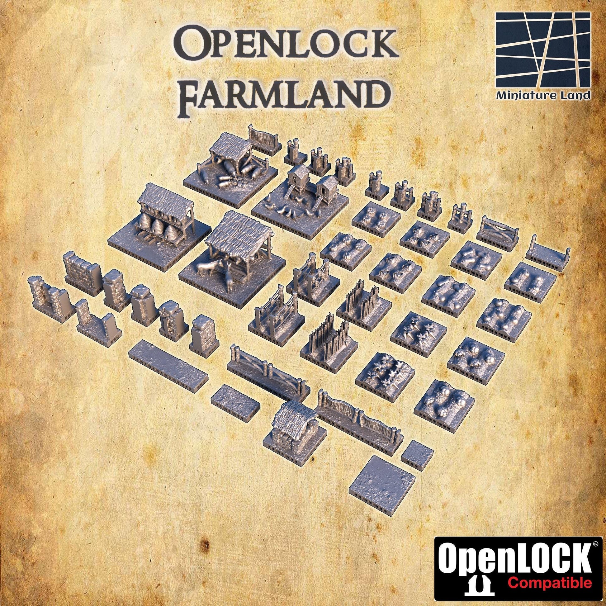 Explore our OpenLOCK Farmland set with detailed farmhouses, fences, and fields, all designed to bring your tabletop games to life with realistic medieval farming scenery.