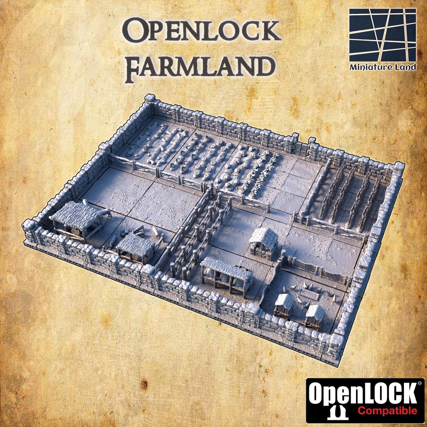 Explore our OpenLOCK Farmland set with detailed farmhouses, fences, and fields, all designed to bring your tabletop games to life with realistic medieval farming scenery.