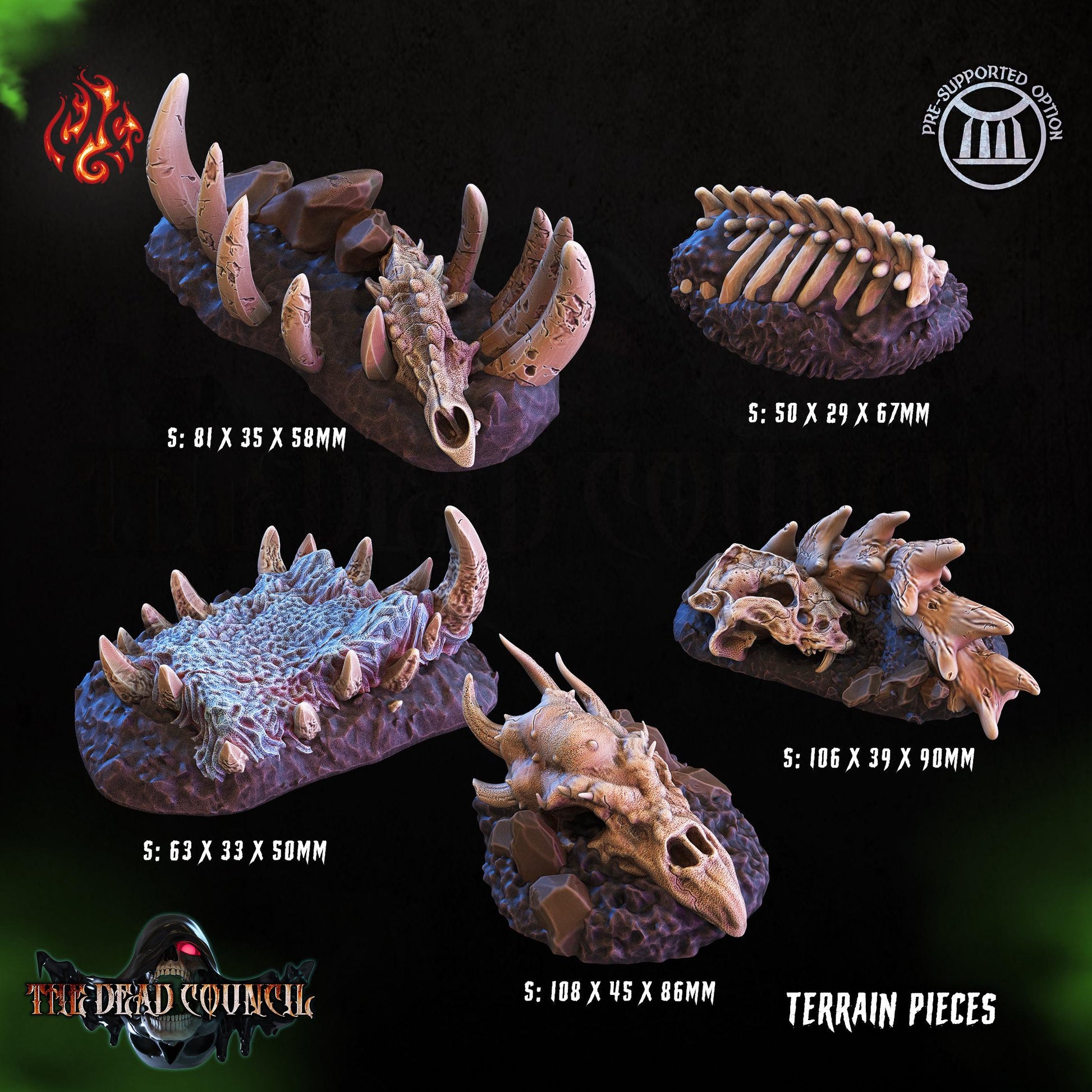 A collection of five monstrous bone terrain pieces, each uniquely crafted with high detail, ideal for dark-themed tabletop RPGs and storytelling enhancement.