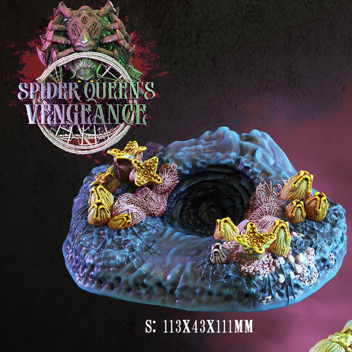 &quot;Delve into the Spider Queen&#39;s Vengeance with this set of FDM 3D-printed terrain pieces, featuring lifelike spider nests, eggs, and lairs for tabletop RPGs.&quot;