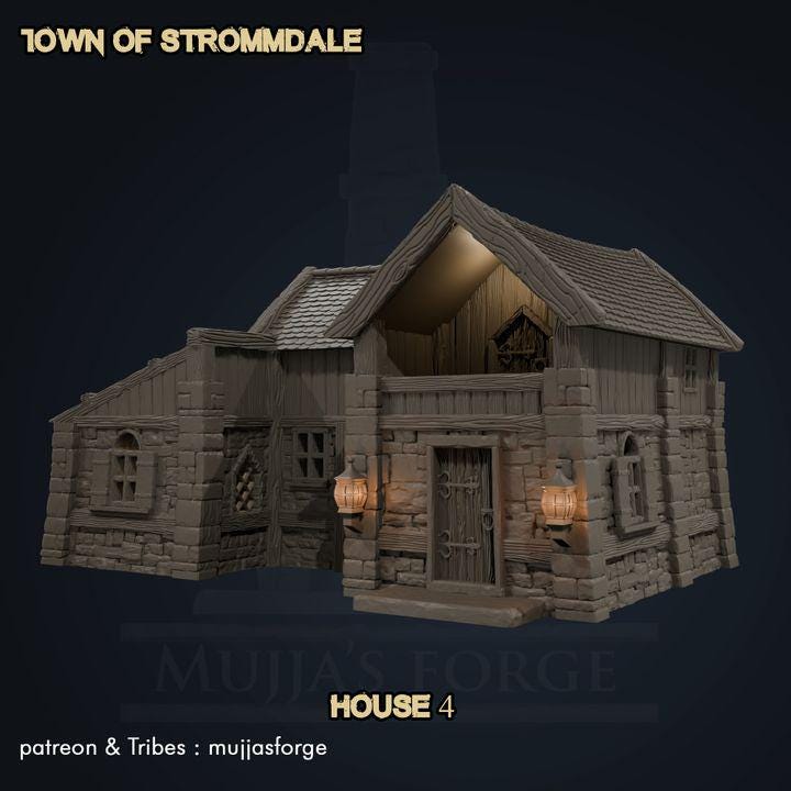 A meticulously crafted Rustic Medieval House from the Town of Strommdale series, featuring detailed stone and timber textures, a sloped shingle roof, and modular sections for interior gameplay. Perfect for enhancing tabletop RPGs and skirmish games.