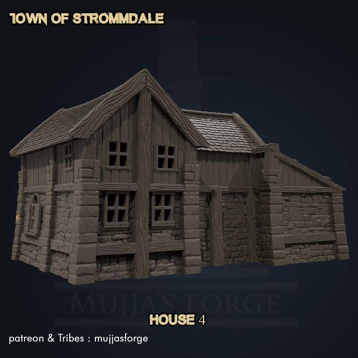 A meticulously crafted Rustic Medieval House from the Town of Strommdale series, featuring detailed stone and timber textures, a sloped shingle roof, and modular sections for interior gameplay. Perfect for enhancing tabletop RPGs and skirmish games.